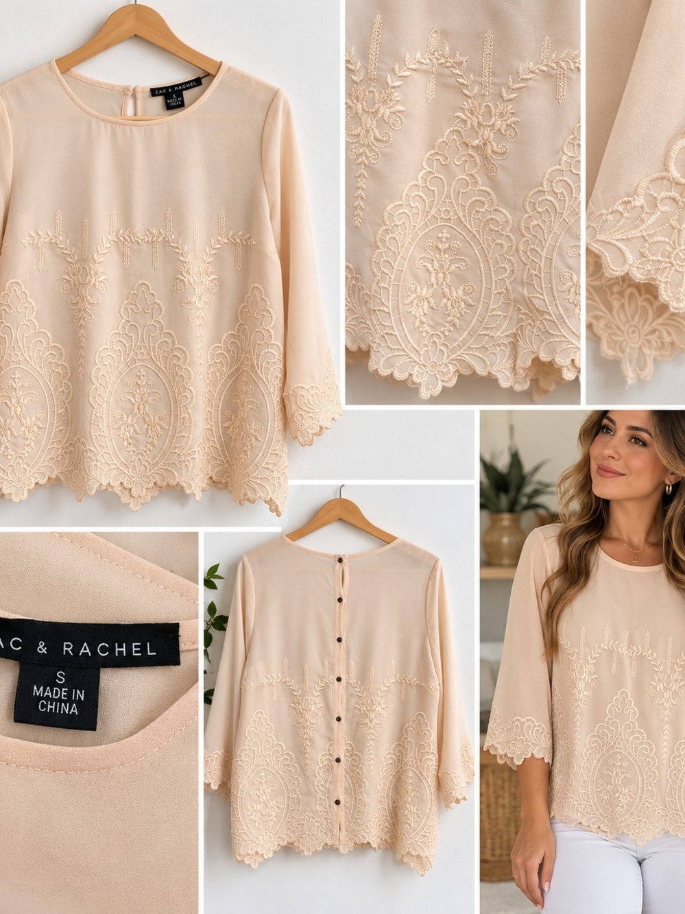 Zac & Rachel Pale Blush Embroidered Scallop-Hem Blouse